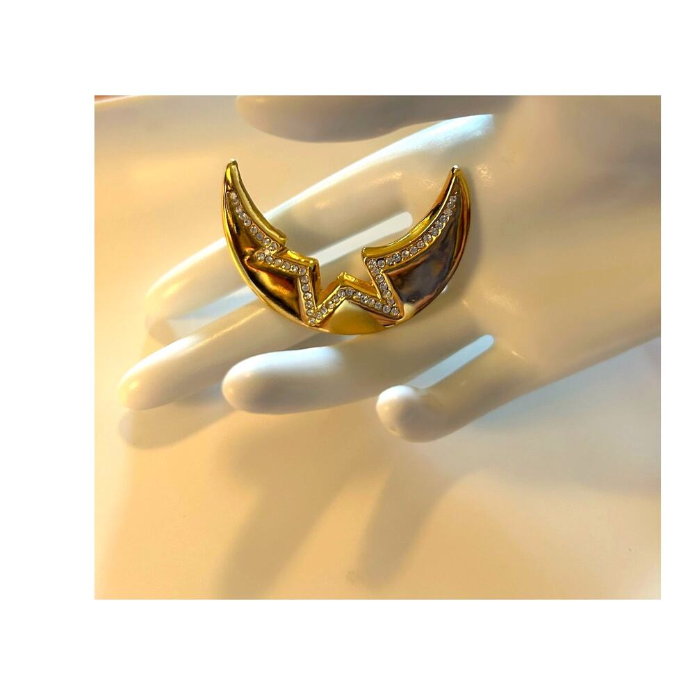 Vintage Crescent Moon Brooch Gold Tone Rhinestone by OTC